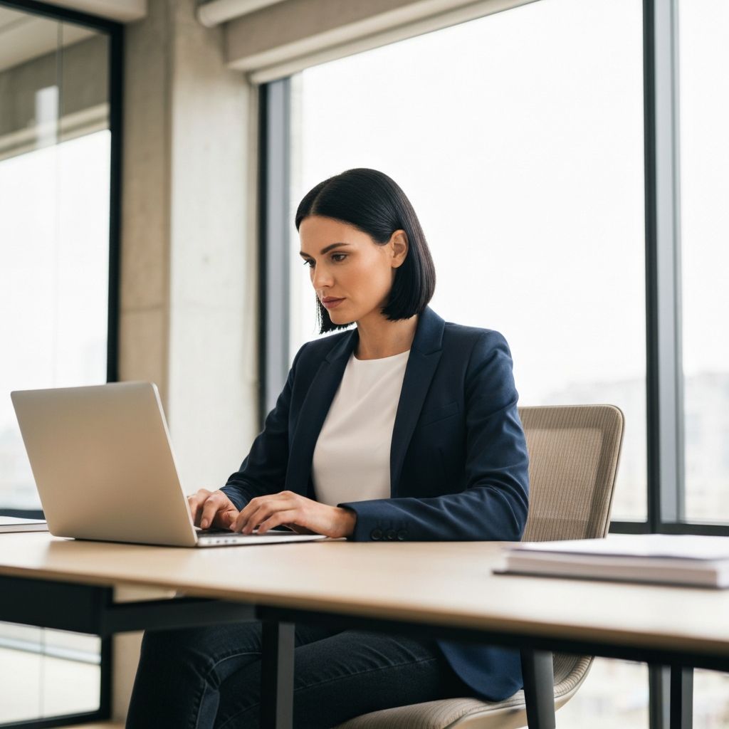 Lawyer working on laptop in modern office